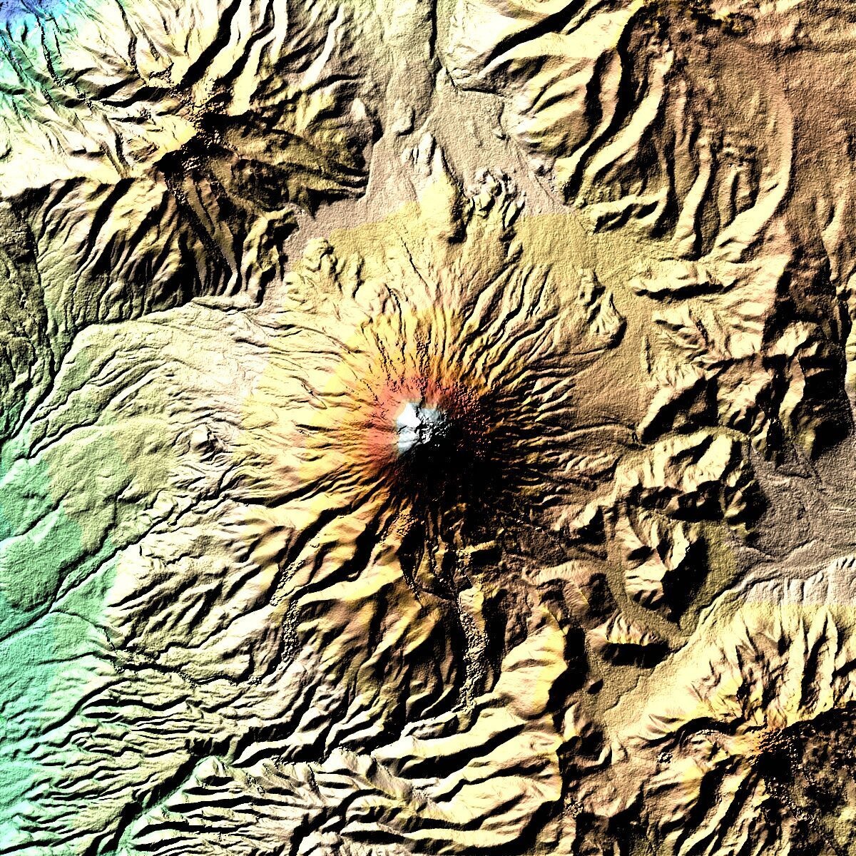 A digital elevation model of Cotopaxi shows the volcano’s inner and outer craters. The outer crater is 800 meters across. Image courtesy of NASA Earth Observatory. 