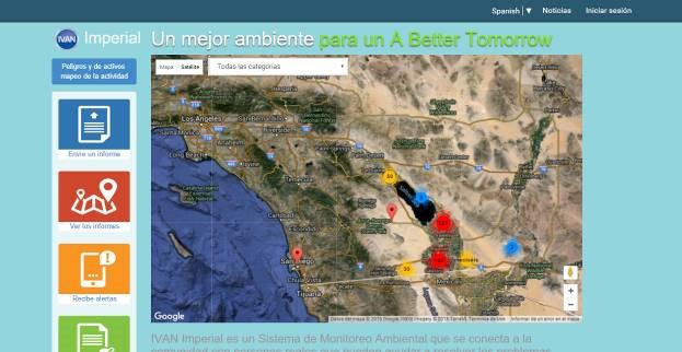 A screenshot of the Spanish-language version of the IVAN-Imperial (Identifying Violations Affecting Neighborhoods) website, which displays community-crowdsourced reports on environmental hazards. Image courtesy of Comité Civico Del Valle.