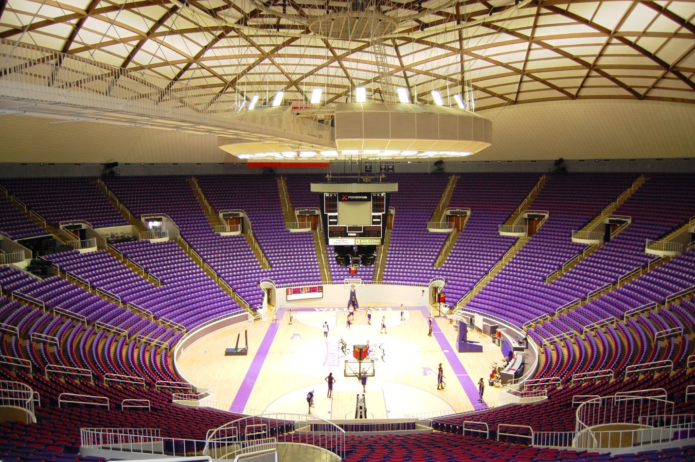 Replacing lighting with energy-efficient bulbs was one of the university’s first sustainability initiatives; cost savings on electricity bills were then rolled into more sustainability projects. Here, LED lights illuminate the university’s Dee Events Center arena. (Photo courtesy of Weber State University)