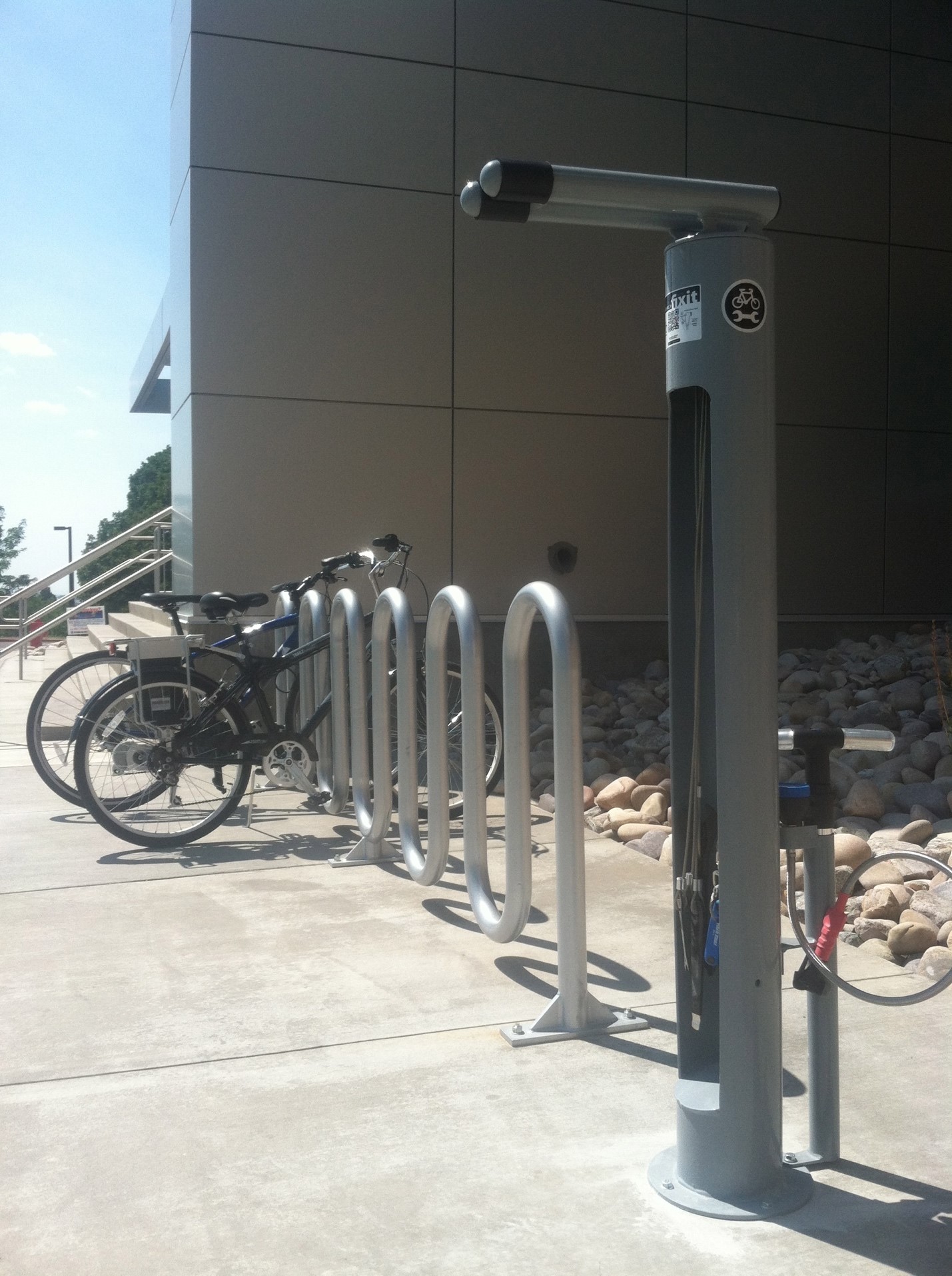 New bike racks and bicycle repair stations help to encourage bike commuting. 