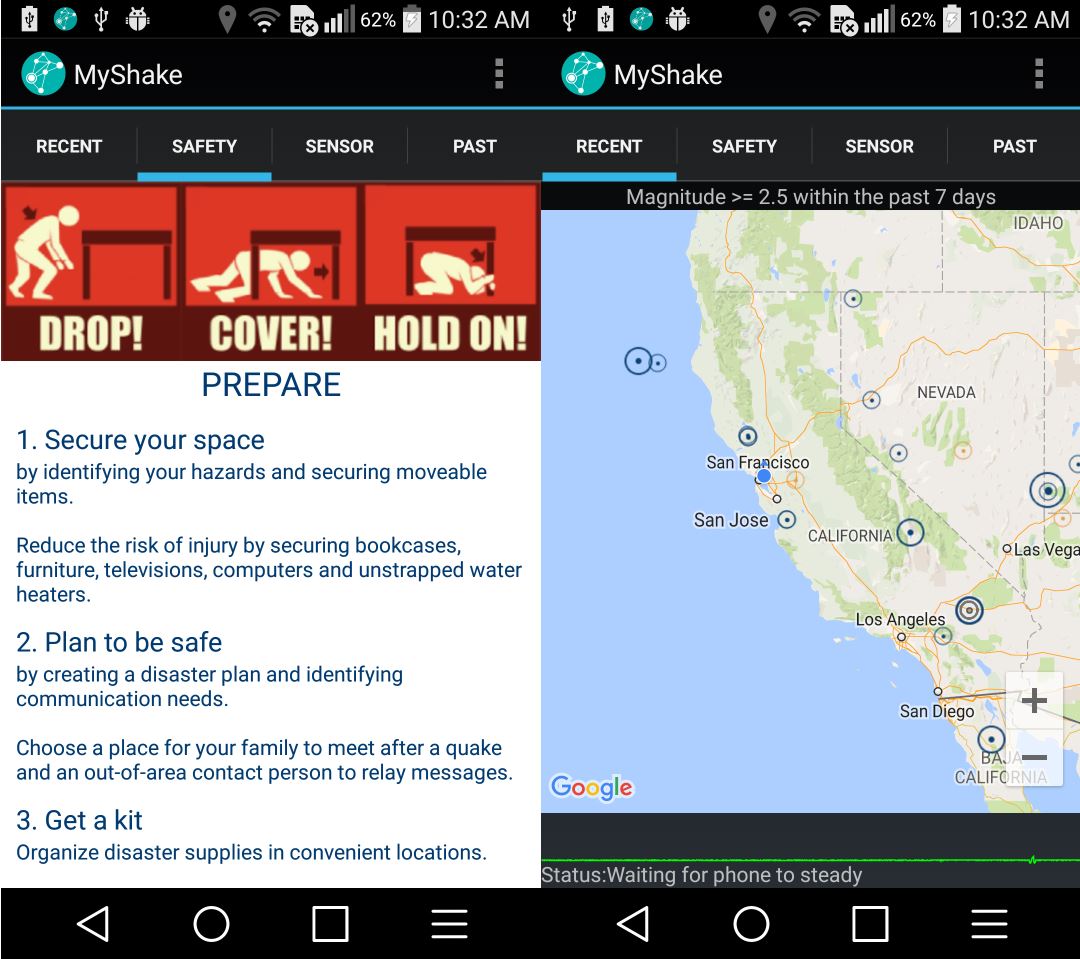 Since MyShake doesn’t yet give early warnings, the researchers thought it was important to include information on historic earthquakes and earthquake safety to give users an incentive to download and use the app. Photos courtesy of Richard Allen.