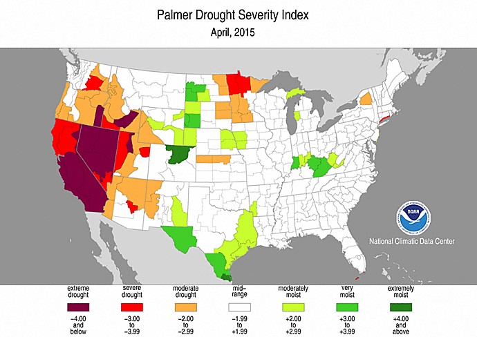 Map showing the severity of drought in the Great Basin and American Southwest as of April, 2015. Image courtesy of NOAA.