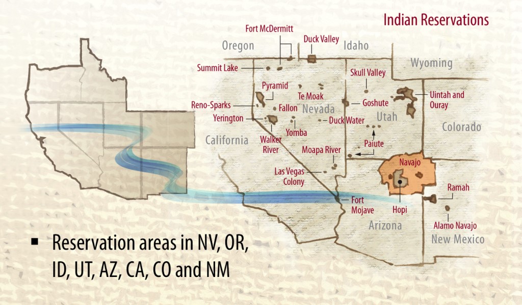 Native Waters on Arid Lands project area map, showing reservations in Nevada, Oregon, Idaho, Utah, Arizona, California, Colorado, and New Mexico. Illustration courtesy of Ron G. Oden for the University of Nevada, Reno.