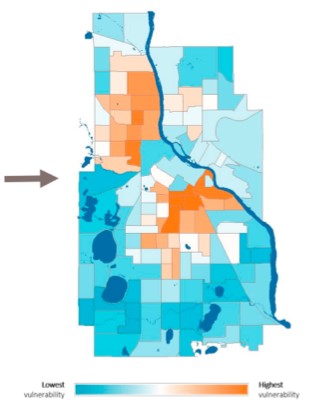 The climate vulnerability assessment for the city of Minneapolis, MN, combined demographic data with other social indicators to map the most vulnerable regions of the city by census tract. This information was combined with assessments of climate-related impacts such as extreme heat and flood risk. The Resilience Dialogues process helped the city plan communication and outreach efforts around climate vulnerability and community-scale resilience. Image courtesy of the City of Minneapolis.