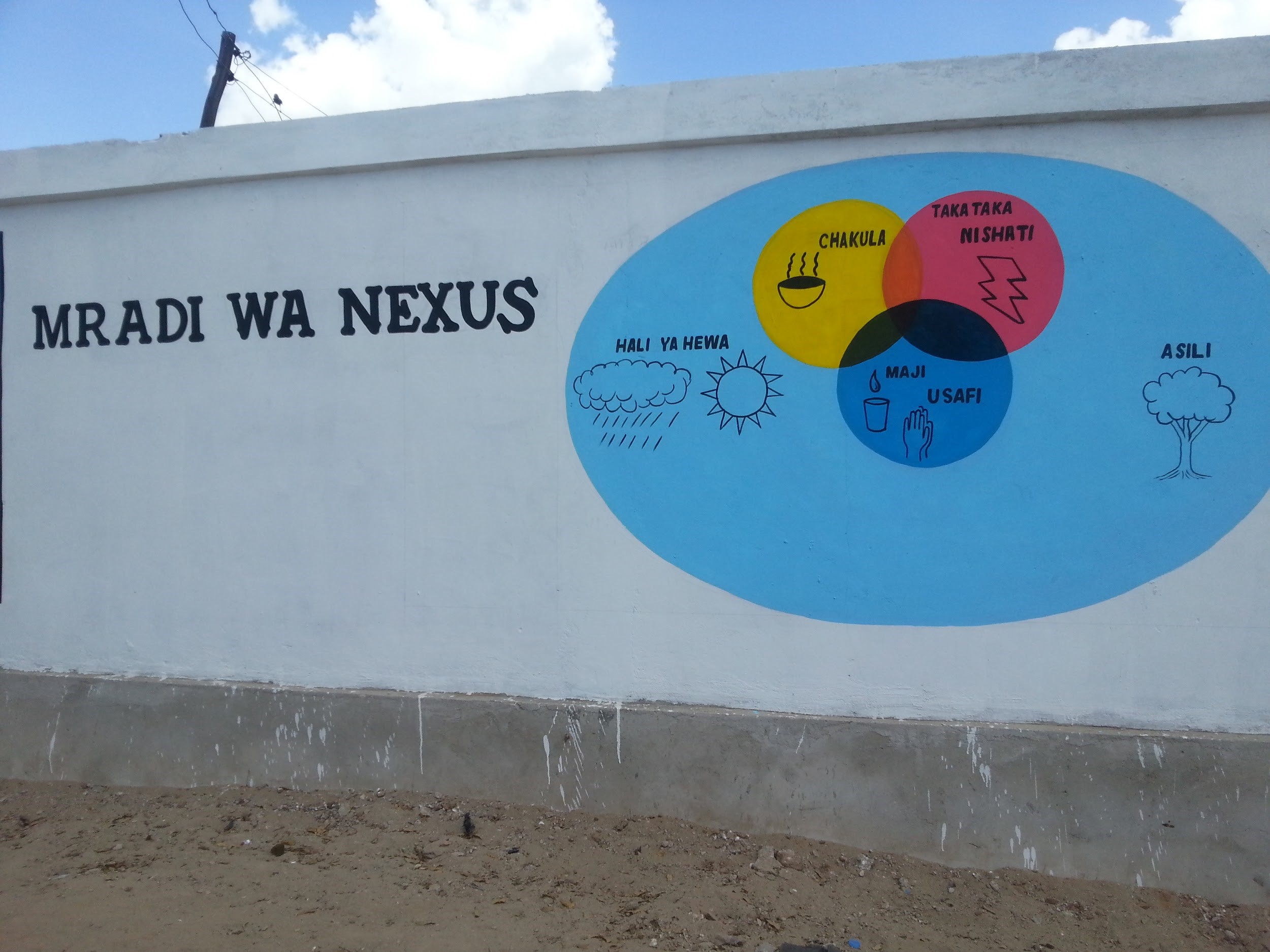 A mural painted on the wall between the two schoolyards celebrates the local environment and highlights the project’s goals for improving energy efficiency and enhancing students’ access to clean water and nutritious food. Photo credit: Sarah Birch