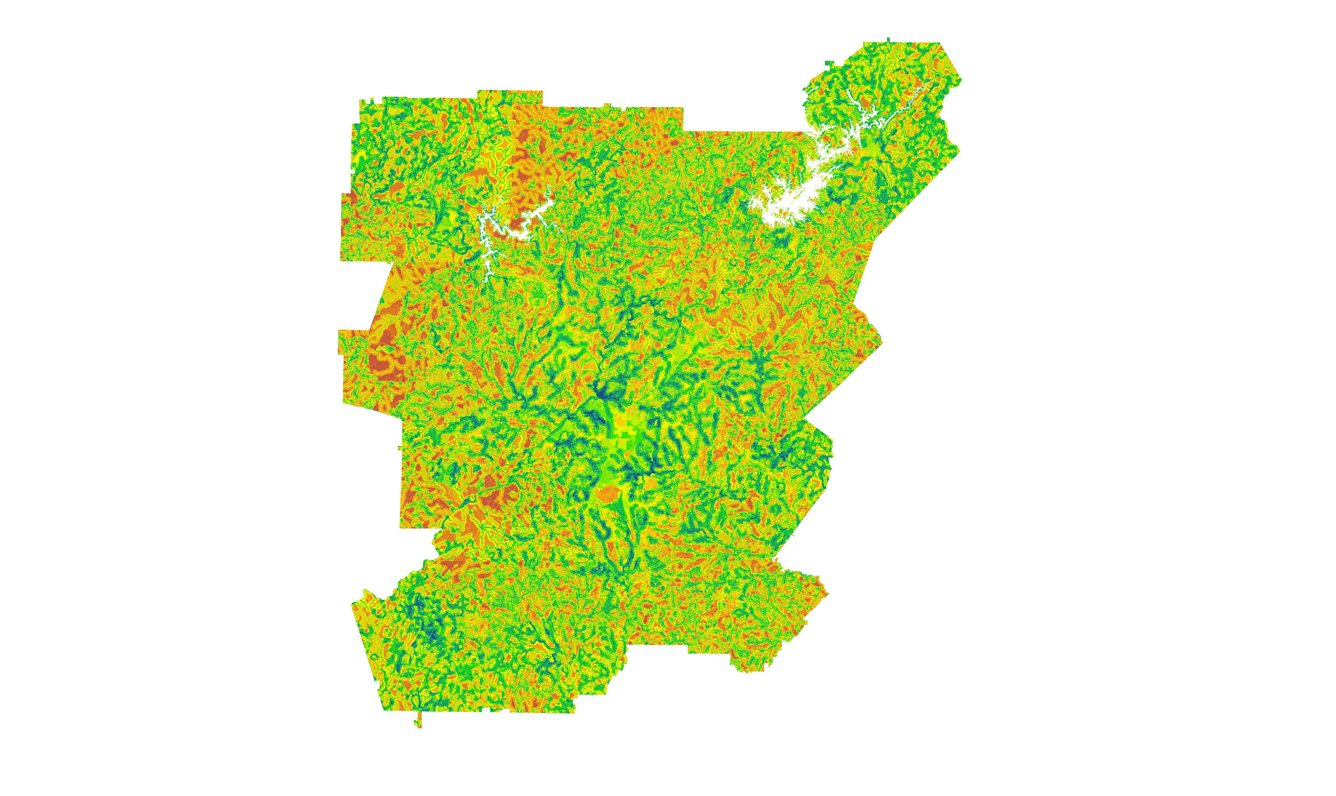 The kaleidoscope of colors in the GIS decision map created by NASA DEVELOP’s University of Georgia team will help The Nature Conservancy chart a future for urban forestry and water quality management in greater Atlanta. (Image courtesy of NASA DEVELOP)