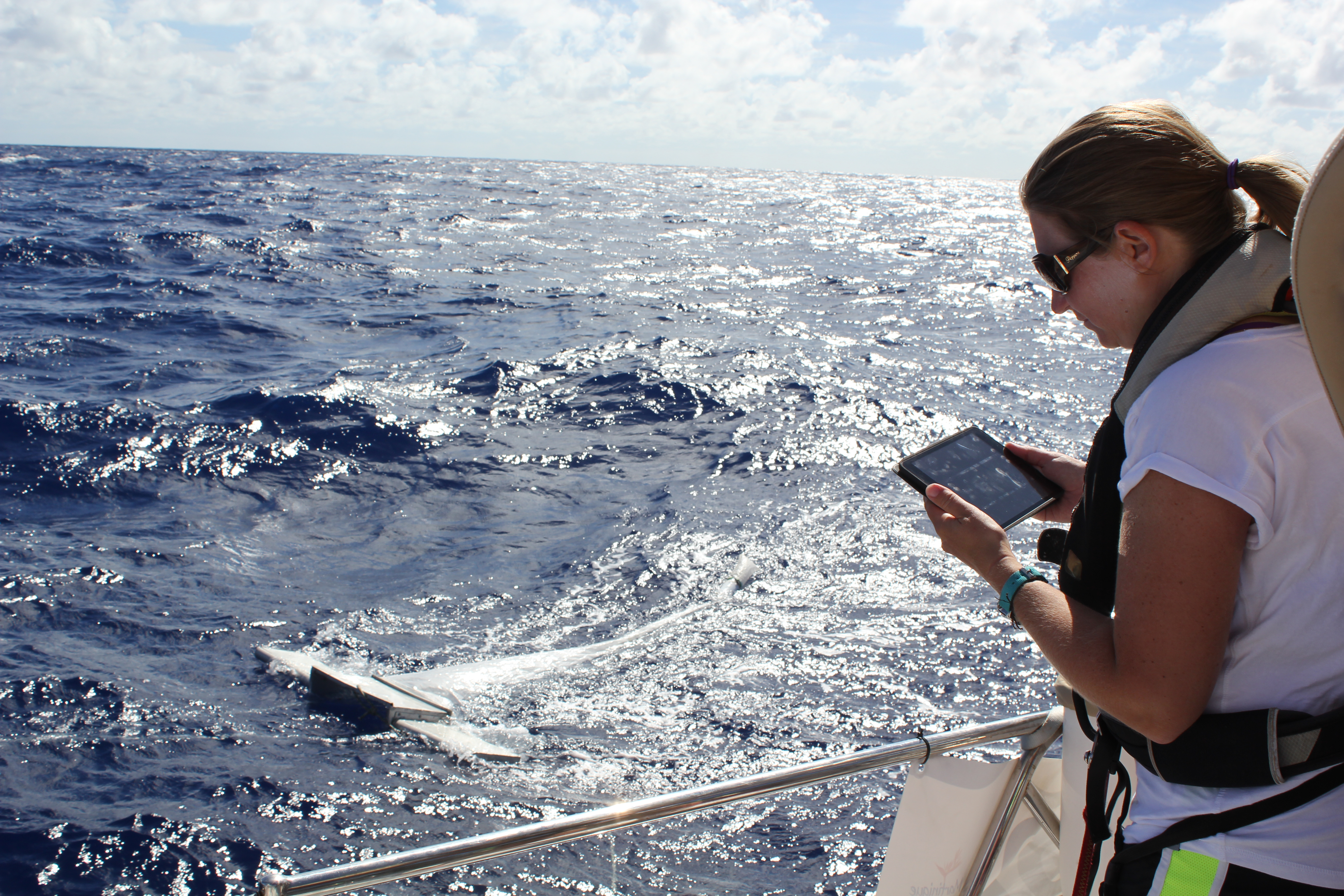 Jenna Jambeck uses the Marine Debris Tracker from aboard a research vessel. Photo courtesy of Jambeck. 