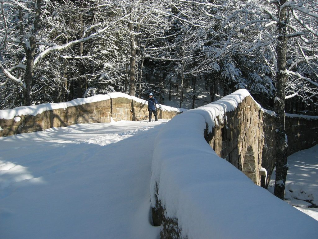 snow covered bridge in Acadia National Park