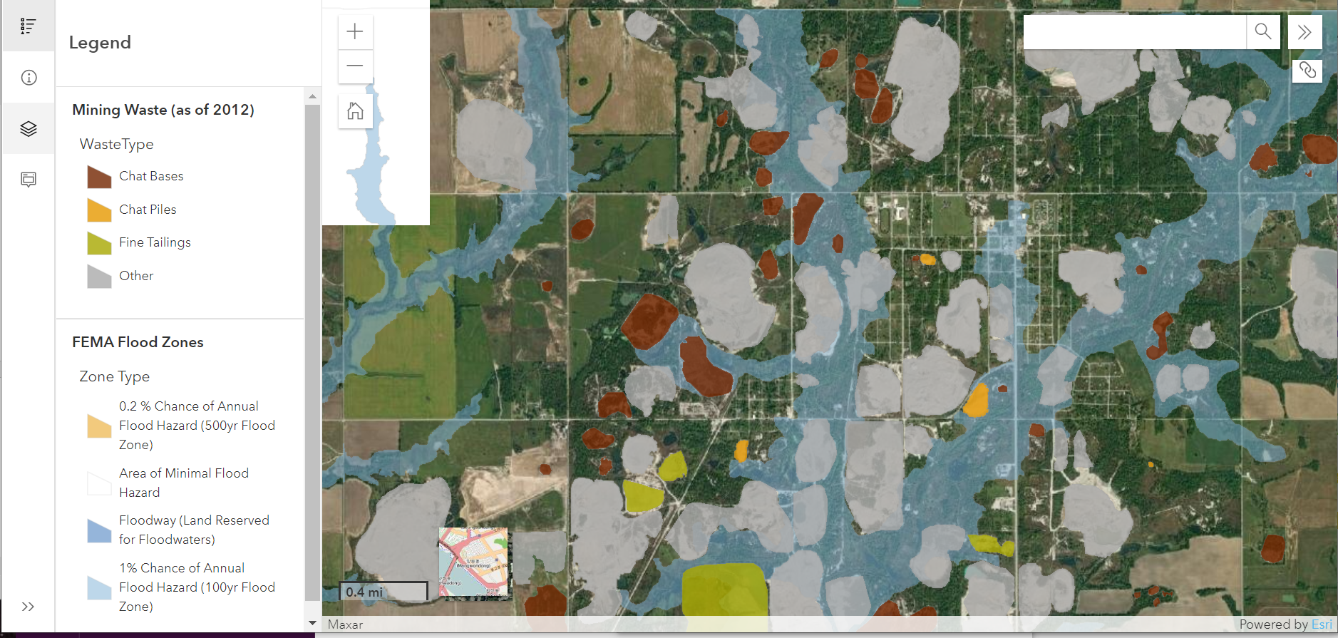 Screenshot of GIS map created by the project. On the left is a legend and menu to select layers.