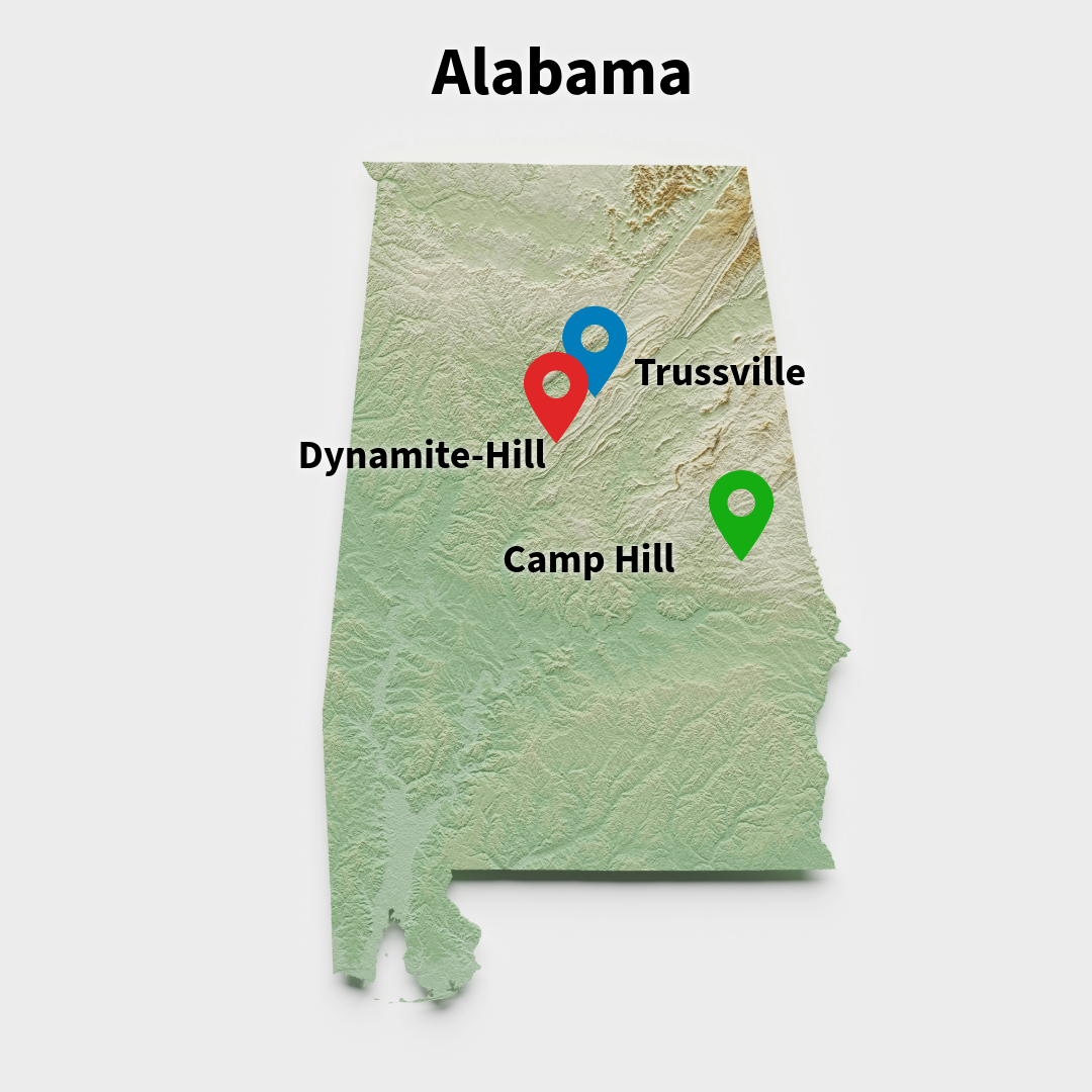 Map of Alabama showing location of the three projects discussed in the article