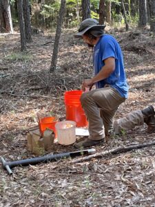 person digging a small amount of soil and placing in a paper bag for testing