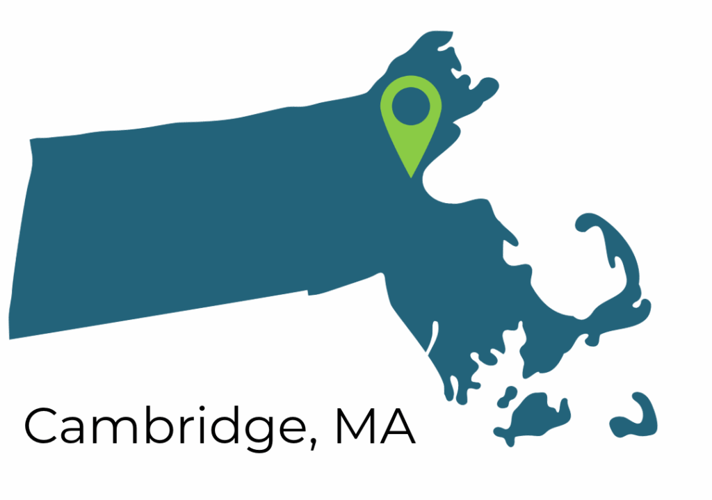 Map showing the relative location of Cambridge within the state of MA
