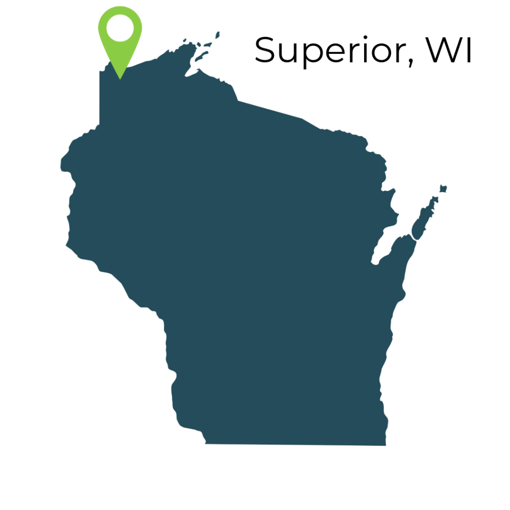 State outline of Wisconsin with the location of Superior indicated in the upper left corner