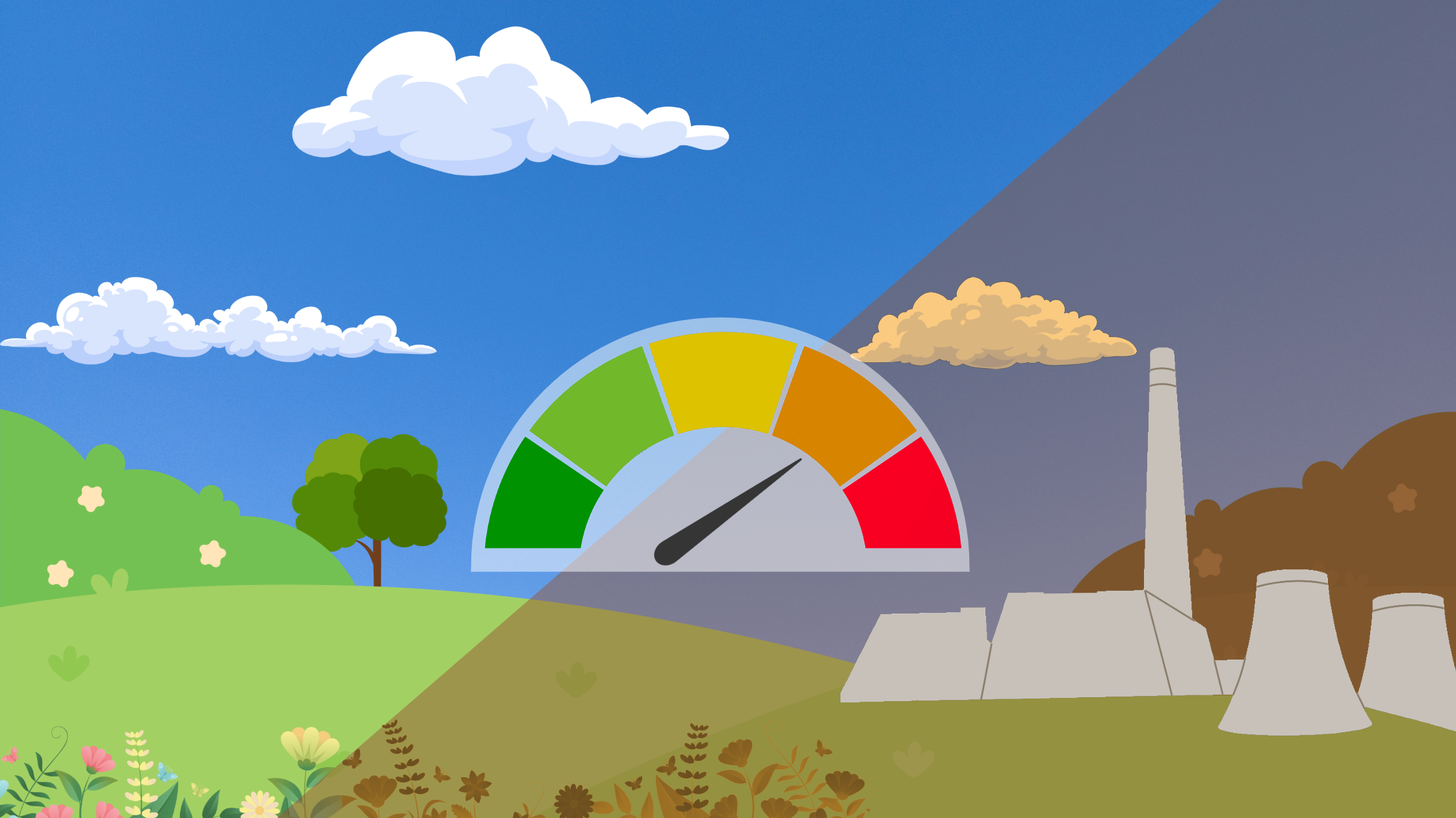 cartoon image of clean air and polluted air